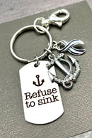 ALS / Blue & White Striped Ribbon Encouragement Keychain - Refuse to Sink - Rock Your Cause Jewelry
