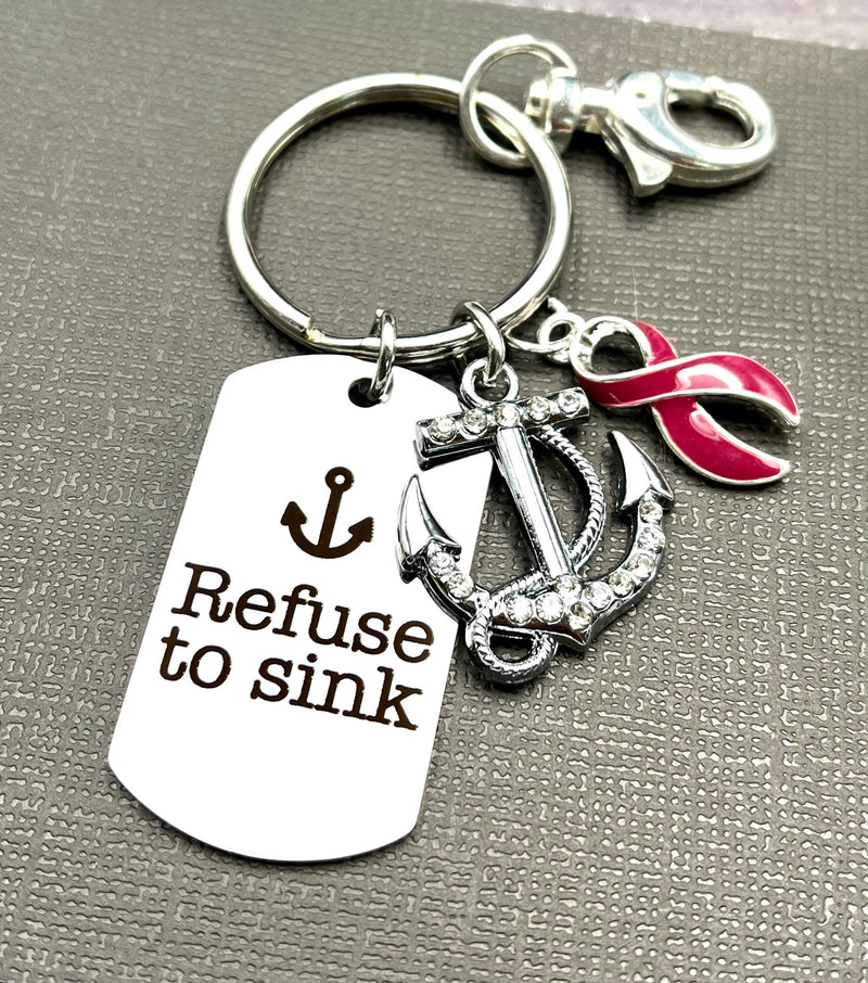 Burgundy Ribbon Encouragement Keychain - Refuse To Sink - Rock Your Cause Jewelry