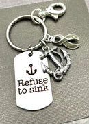 Gray (Grey) Ribbon Encouragement Keychain - Refuse to Sink - Rock Your Cause Jewelry