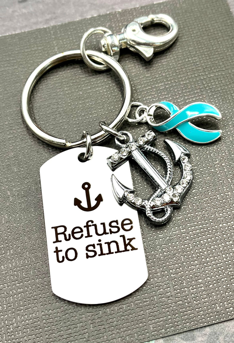 Light Blue Ribbon Encouragement Keychain - Refuse To Sink - Rock Your Cause Jewelry