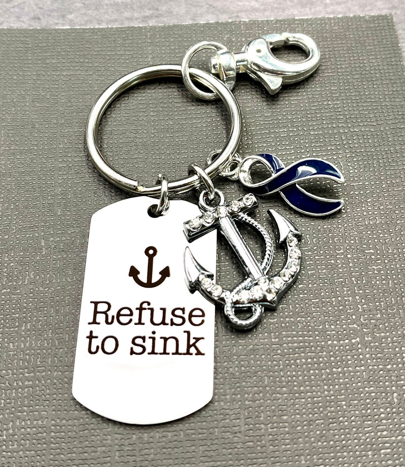 Dark Navy Blue Ribbon Encouragement Gift - Refuse To Sink Keychain - Rock Your Cause Jewelry