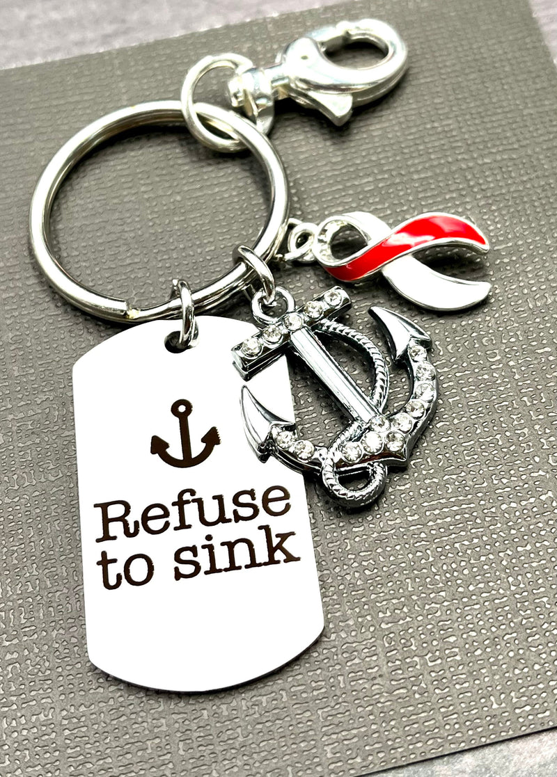 Red & White Ribbon Encouragement Keychain - Refuse to Sink - Rock Your Cause Jewelry