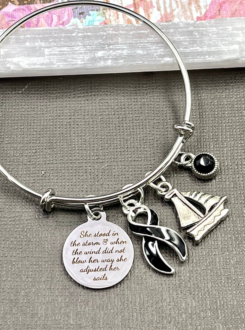 Black Ribbon Charm Bracelet - She Stood in the Storm, Adjusted her Sails - Rock Your Cause Jewelry