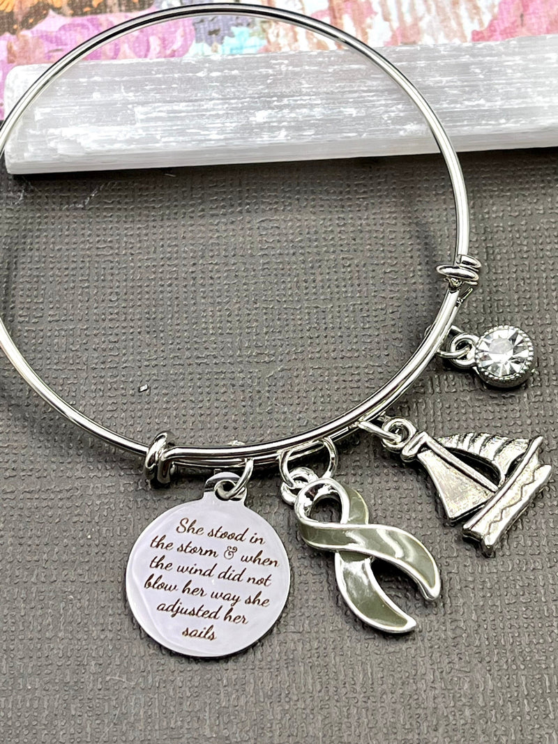 Gray (Grey) Ribbon Charm Bracelet - She Stood in the Storm / Adjusted her Sails - Rock Your Cause Jewelry