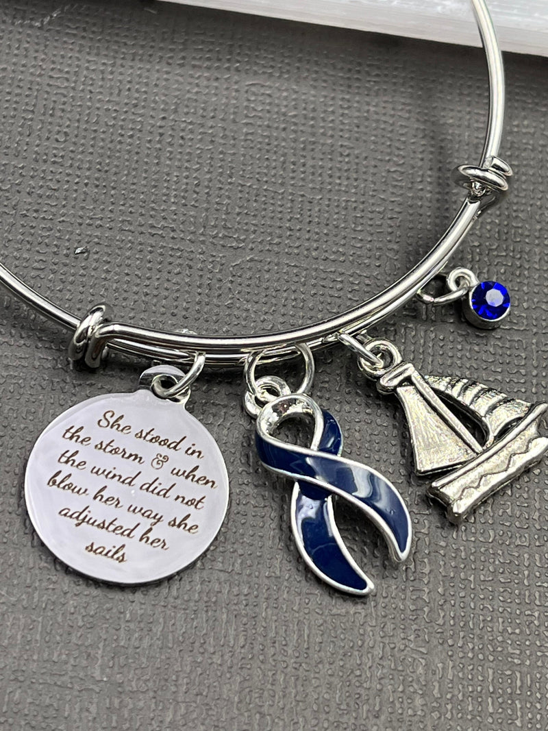 Dark Navy Blue Ribbon Bracelet - She Stood In The Storm /Adjusted Her Sails - Rock Your Cause Jewelry