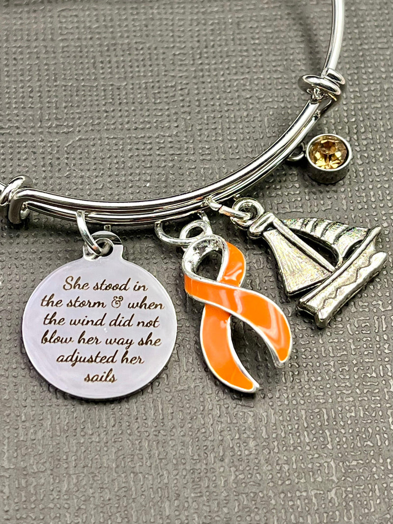Orange Ribbon Charm Bracelet - She Stood in the Storm / Adjusted Her Sails - Rock Your Cause Jewelry