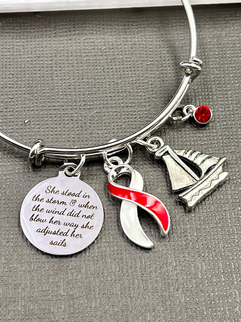 Red & White Ribbon Bracelet - She Stood In The Storm / Adjusted Her Sails - Rock Your Cause Jewelry