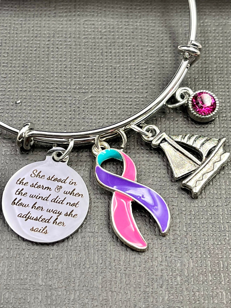 Pink Purple Teal (Thyroid Cancer) Ribbon Bracelet - She Stood In the Storm / She Adjusted Her Sails - Rock Your Cause Jewelry