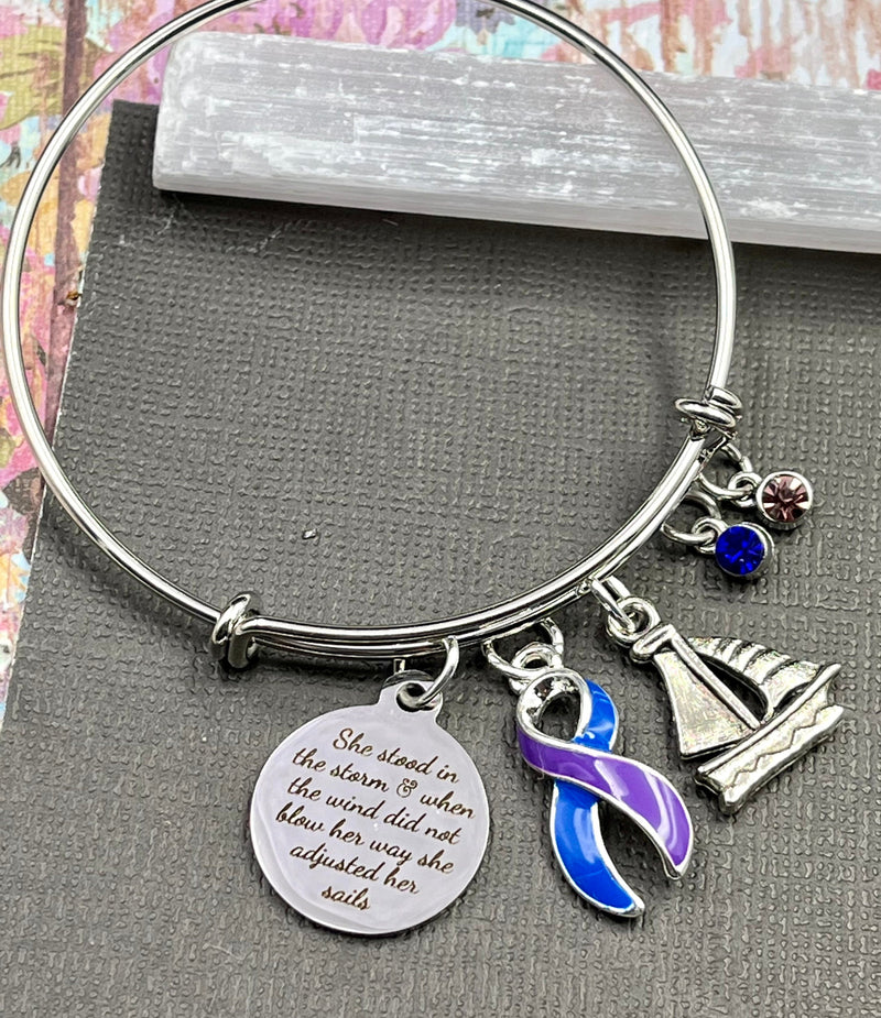 Blue & Purple Ribbon Charm Bracelet - She Stood In The Storm / Adjusted Her Sails - Rock Your Cause Jewelry