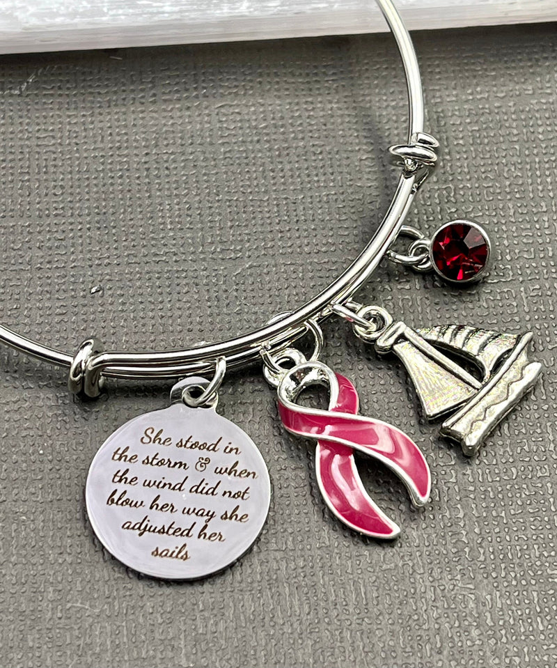 Burgundy Ribbon Charm Bracelet - She Stood In The Storm / Adjusted Her Sails - Rock Your Cause Jewelry