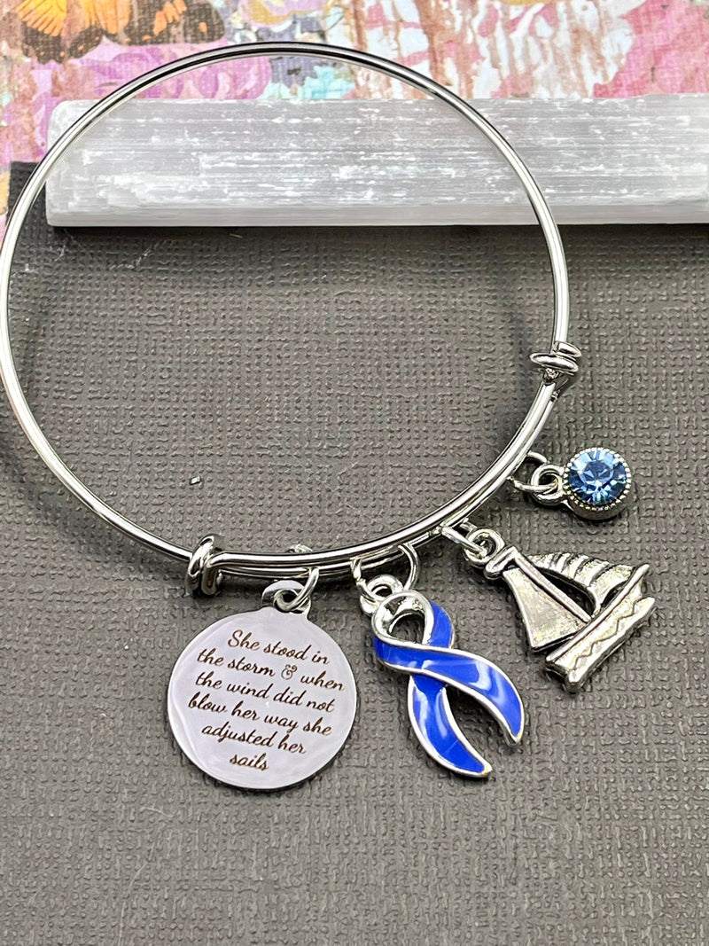Periwinkle Ribbon Charm Bracelet - She Stood in the Storm / Adjusted her Sails - Rock Your Cause Jewelry