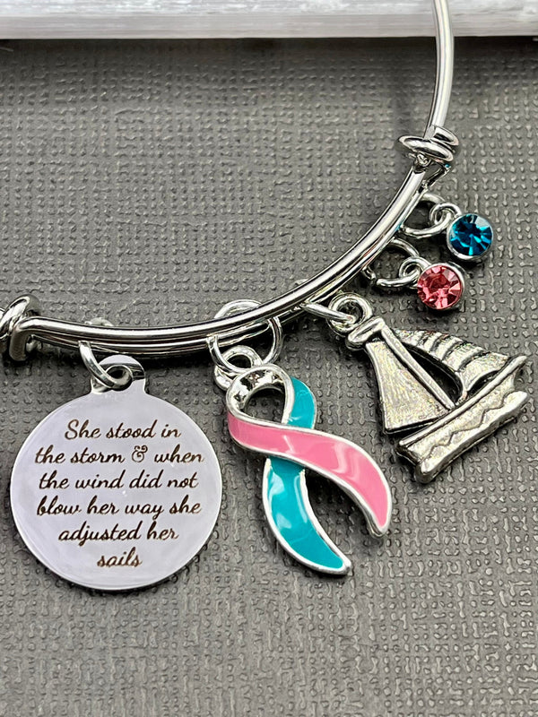 Pink & Teal (Previvor) Ribbon - She Stood In The Storm / Adjusted Her Sails - Rock Your Cause Jewelry