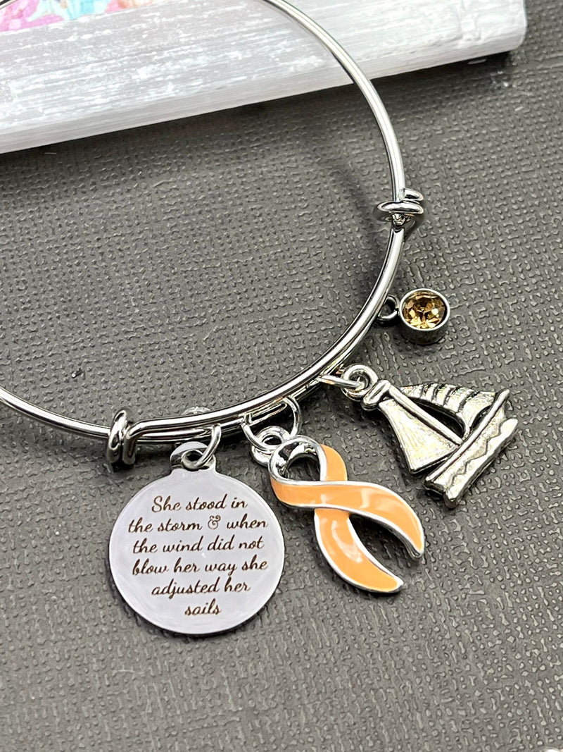 Peach Ribbon Charm Bracelet - She Stood in the Storm / Adjusted her Sails - Rock Your Cause Jewelry
