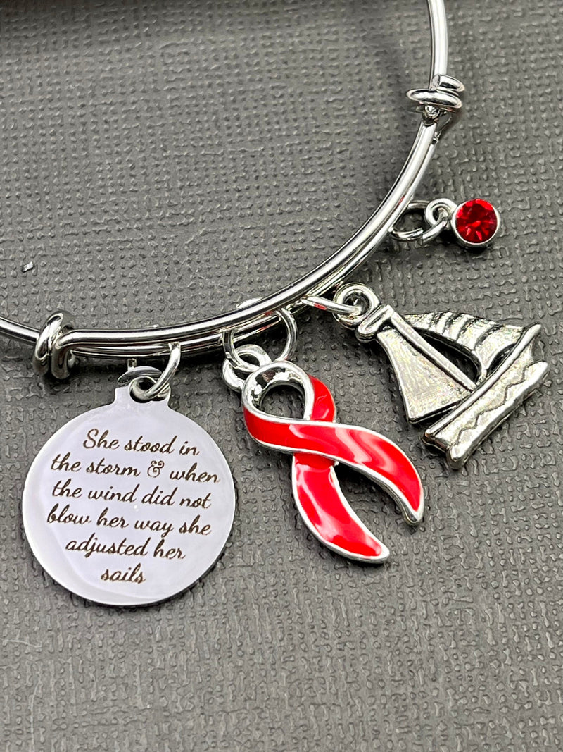 Red Ribbon Charm Bracelet - She Stood in the Storm / She Adjusted Her Sails - Rock Your Cause Jewelry