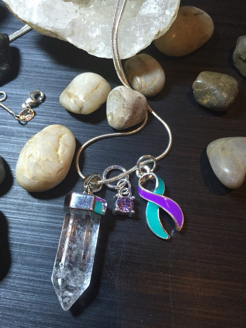 Teal & Purple Ribbon Healing Quartz Crystal Necklace - Rock Your Cause Jewelry